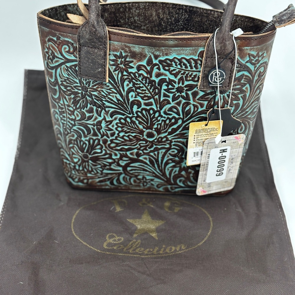 P&G Collection Tote Bag Womens Small Brown Turquoise Western Floral Cowgirl New‎